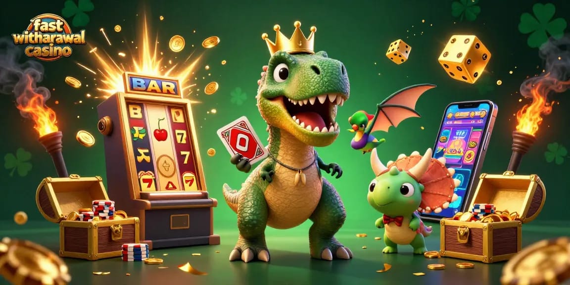 Fast withdrawal casino scene with a T-Rex shuffling cards, a pterodactyl holding them, and a triceratops stacking chips.
