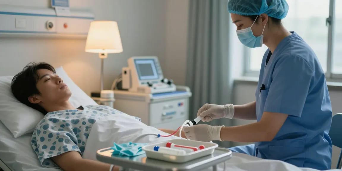 Foley catheter insertion procedure by healthcare professional in clinical setting, ensuring patient comfort and care.