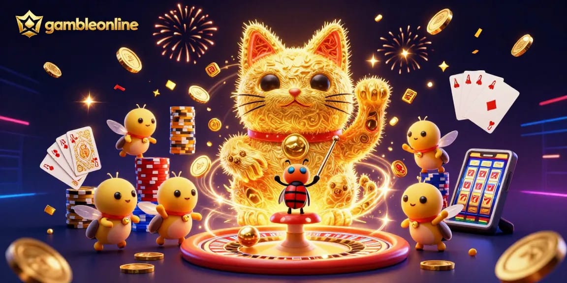 Experience the thrill of gambleonline with a vibrant casino-themed illustration showcasing lucky symbols and gaming elements.