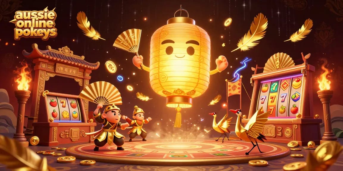 Aussie online pokies featuring a golden lantern spirit and vibrant casino elements in a dynamic 3D scene.