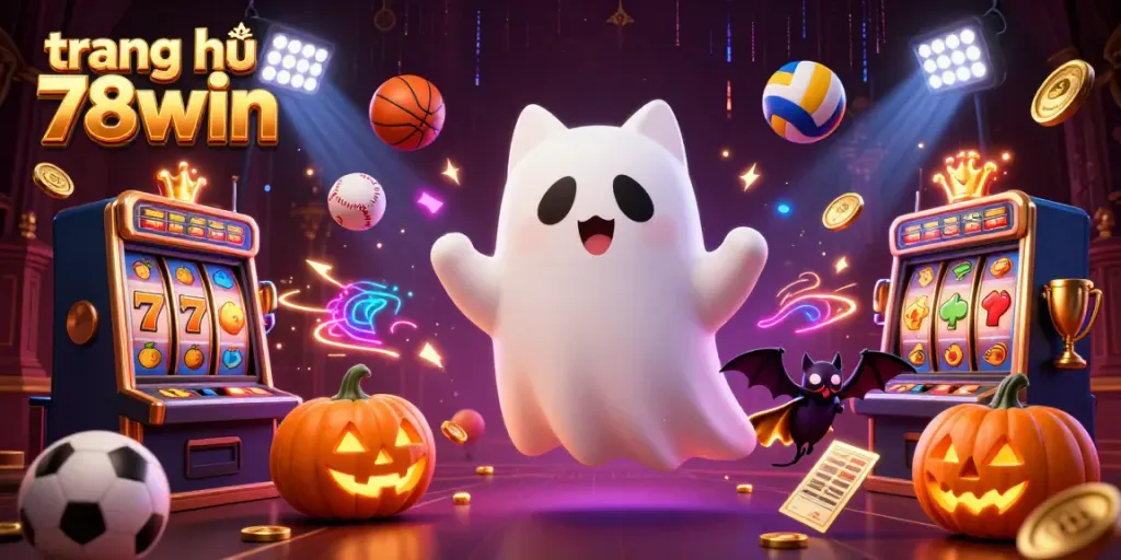 Engage with the thrilling atmosphere at trang chủ 78win, where a ghost cat and bat explore a haunted casino filled with sparkling slots and exciting sports.