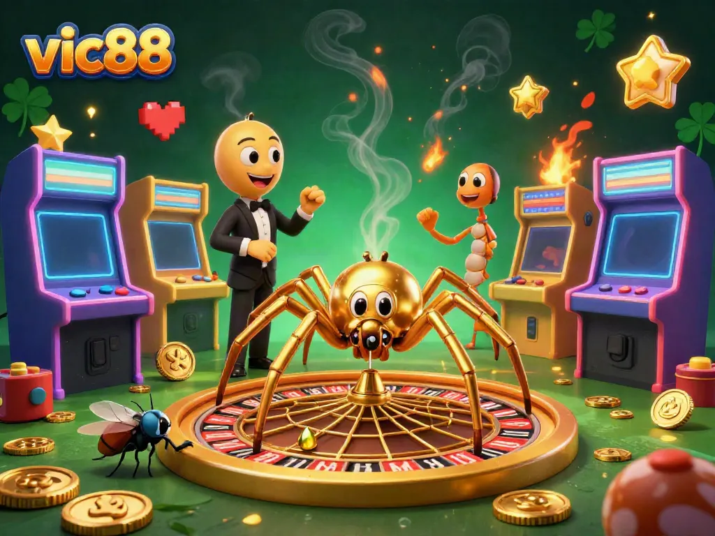 Place bets at vic88 as a golden spider spins a roulette web with vibrant casino games.