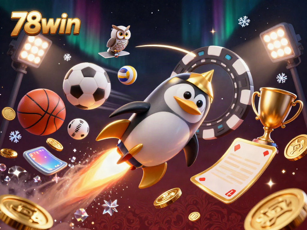 Experience exhilarating gaming with 78win, featuring a golden penguin in a cosmic casino adventure.
