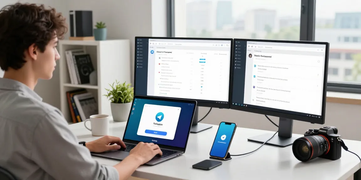 Seamless Telegram download experience at a modern workspace showing app interface on laptop and dual monitors.