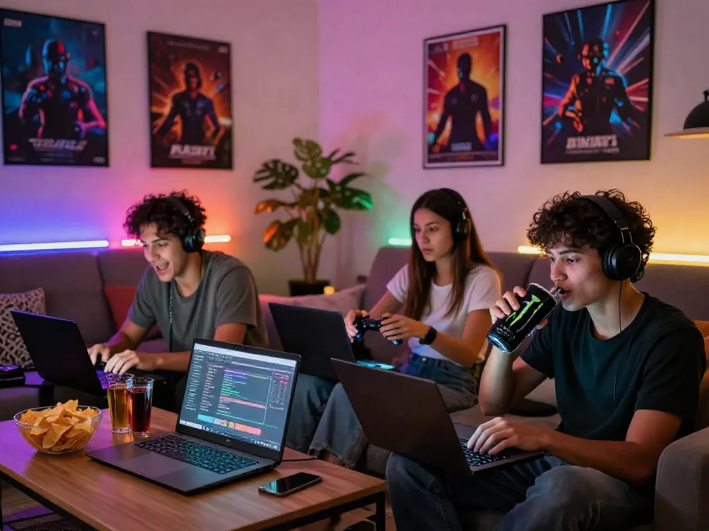 Friends enjoying online gameplay together at https://du88az.net/ in a cozy living room.