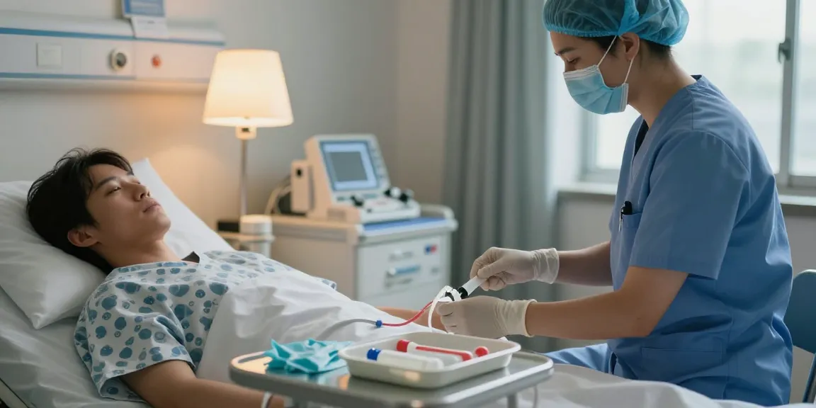Foley catheter insertion procedure by healthcare professional in clinical setting, ensuring patient comfort and care.