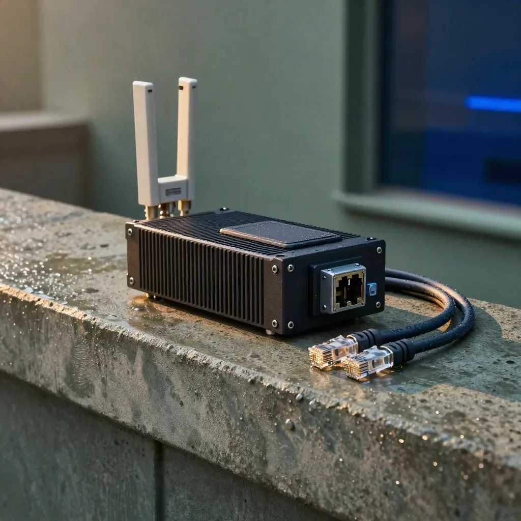 Wet industrial IoT gateway with antennas, sensor puck, switch and coiled cables on concrete.