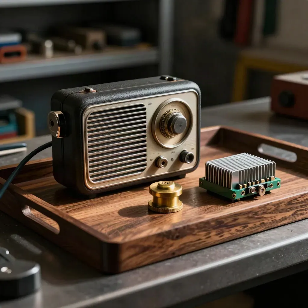 Worn field radio, brass sensor puck and relay module on a dark oak tray in dramatic studio light.