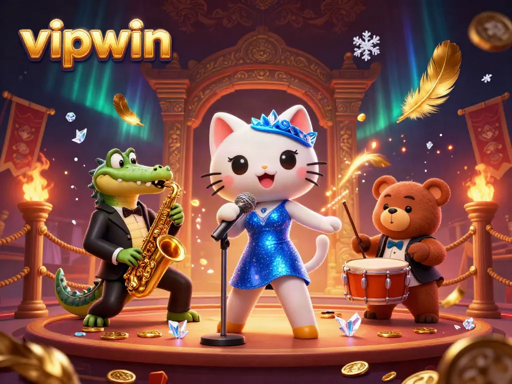 Enjoy thrilling entertainment at vipwin with lively characters, gold coins, and casino elements.