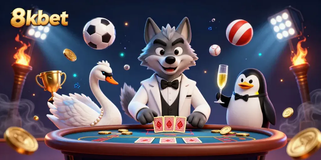 Engage the thrilling world of 8xbet with a vibrant 3D casino scene featuring animated characters and dynamic betting elements.
