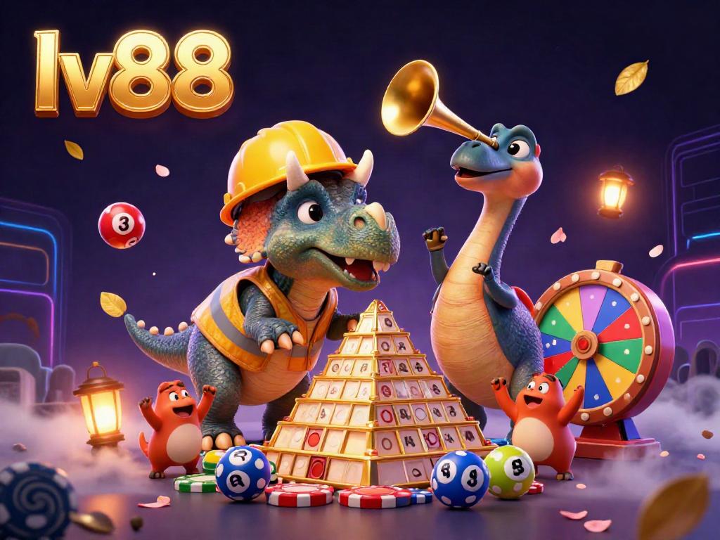 Experience the excitement of LV88 with this 3D illustration featuring animated characters building a poker chip pyramid amid vibrant game elements.