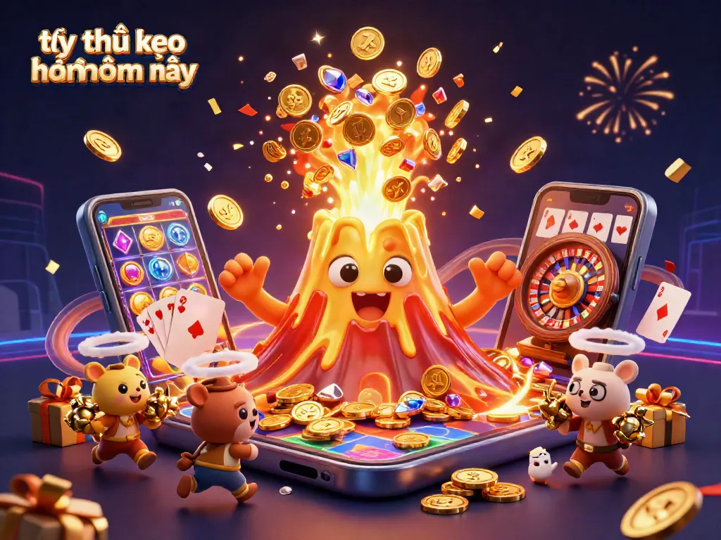 Tỷ lệ kèo nhà cái hôm nay illustrated with a triumphant golden volcano amidst coins and treasure.