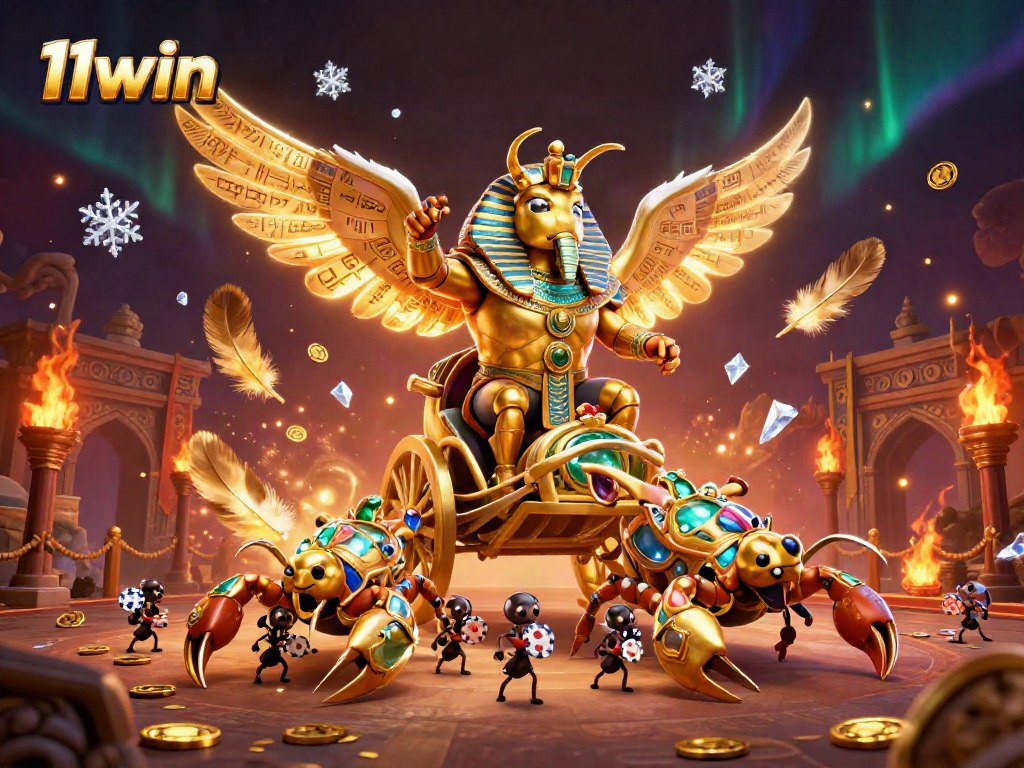Experience thrilling 11win gameplay with a golden beetle and scorpions in a vibrant casino scene.