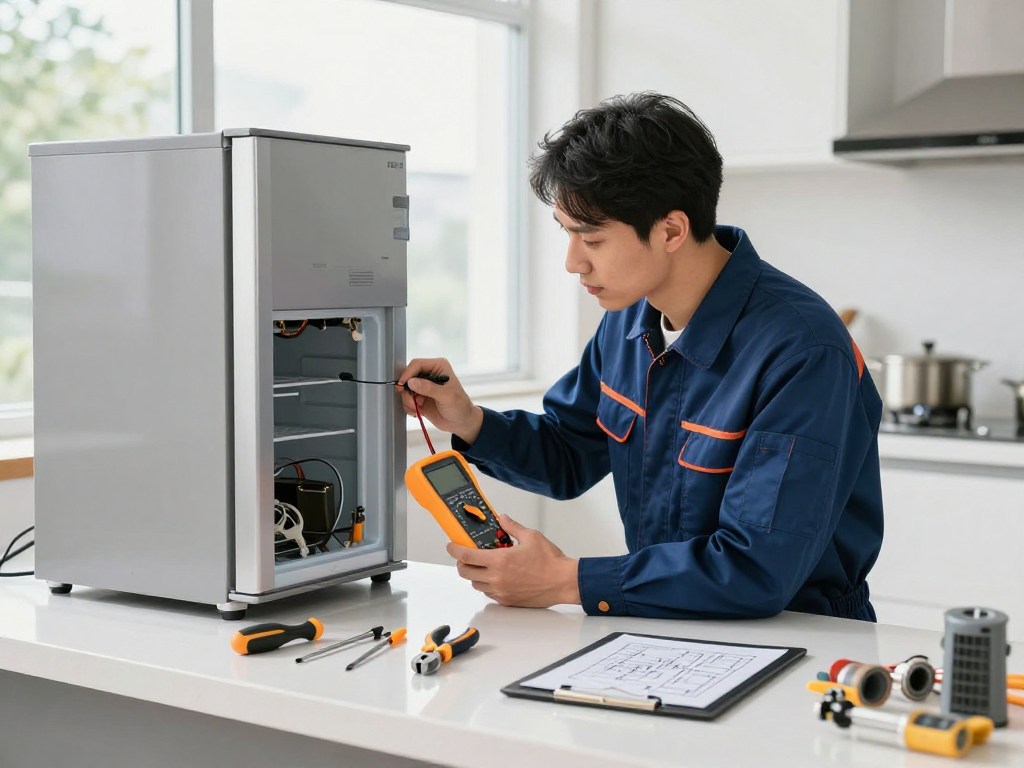 Appliance repair technician diagnosing a refrigerator with tools in a modern kitchen