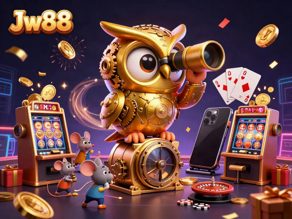 Experience Jw 88 as the golden owl scans the bustling casino floor with wind-up mouse patrons.
