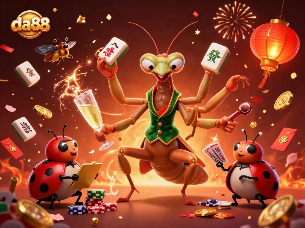 Experience thrilling gaming action at da88 with a praying mantis card sharp and ladybug pit boss in an electrifying casino scene.