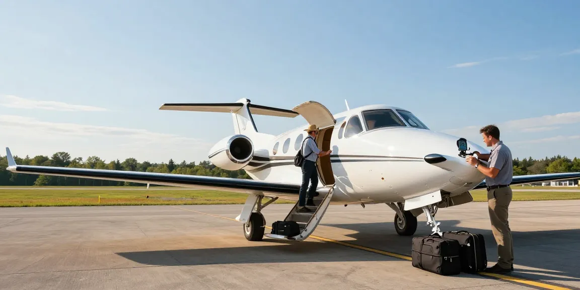flight charter Ontario with a business traveler boarding a Piper PA-31 Navajo aircraft at a private airport in a sunny landscape