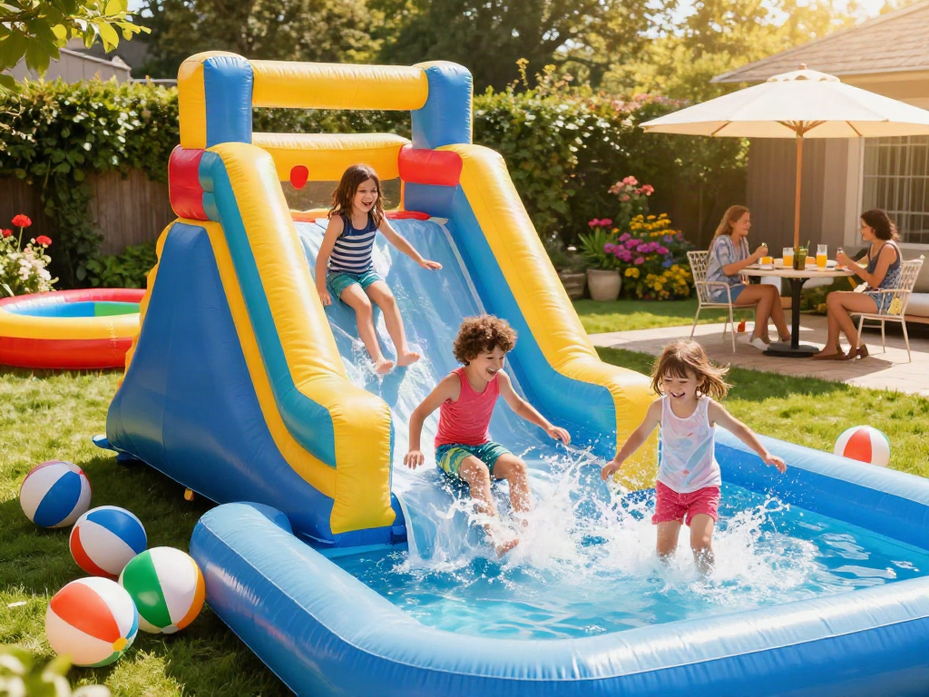 Kids having fun on an inflatable water slide, splashing in a pool during summer.