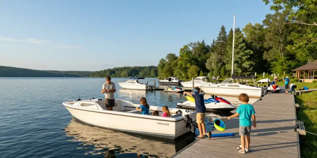 Kawagama lake marina scene showcasing families boating and fishing with a scenic view of the lake