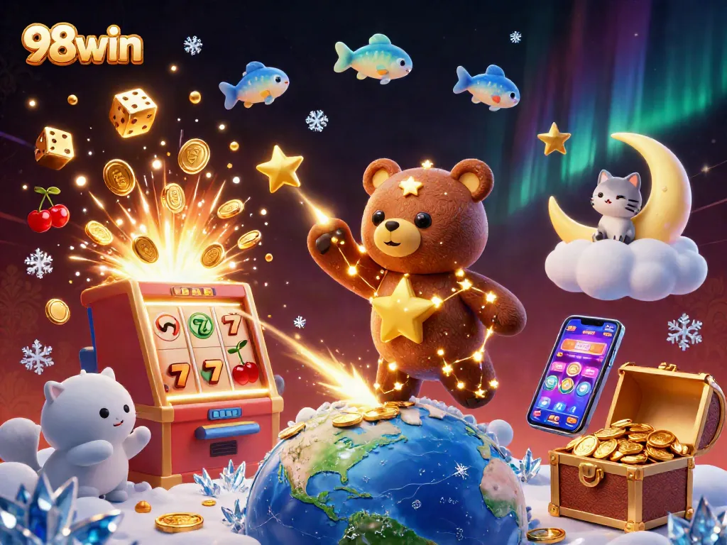 Immerse in excitement with 98win's 3D casino scene rich in colorful gaming elements and dynamic characters.