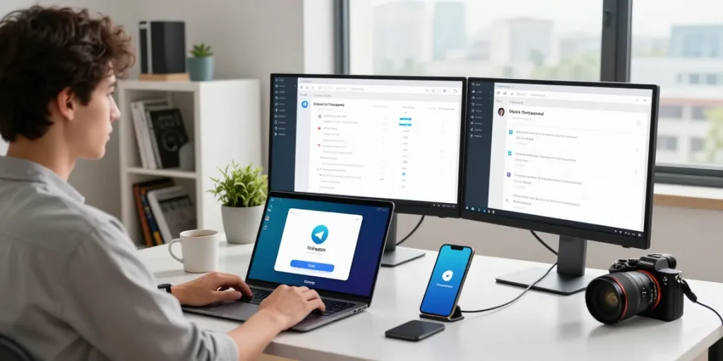 Seamless Telegram download experience at a modern workspace showing app interface on laptop and dual monitors.