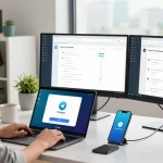 Seamless Telegram download experience at a modern workspace showing app interface on laptop and dual monitors.