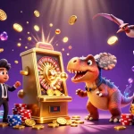 Experience big wins with 7MCN as a pachycephalosaurus celebrates jackpot wins amidst falling golden coins.