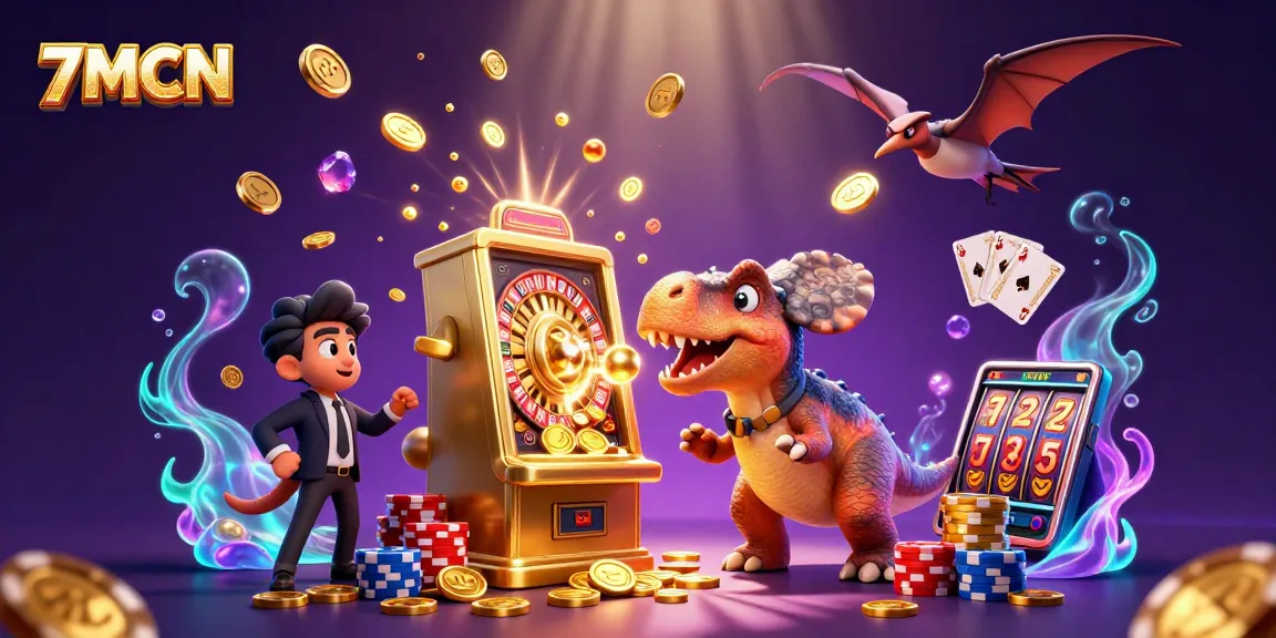 Experience big wins with 7MCN as a pachycephalosaurus celebrates jackpot wins amidst falling golden coins.
