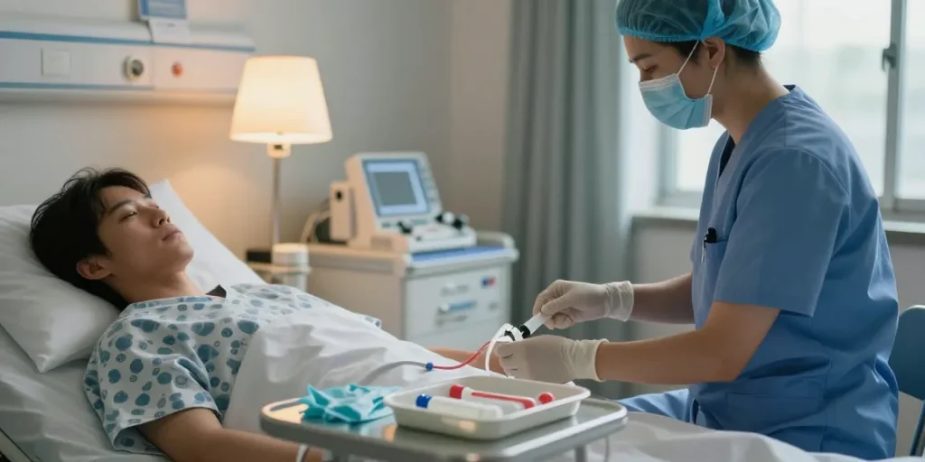 Foley catheter insertion procedure by healthcare professional in clinical setting, ensuring patient comfort and care.