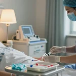 Foley catheter insertion procedure by healthcare professional in clinical setting, ensuring patient comfort and care.
